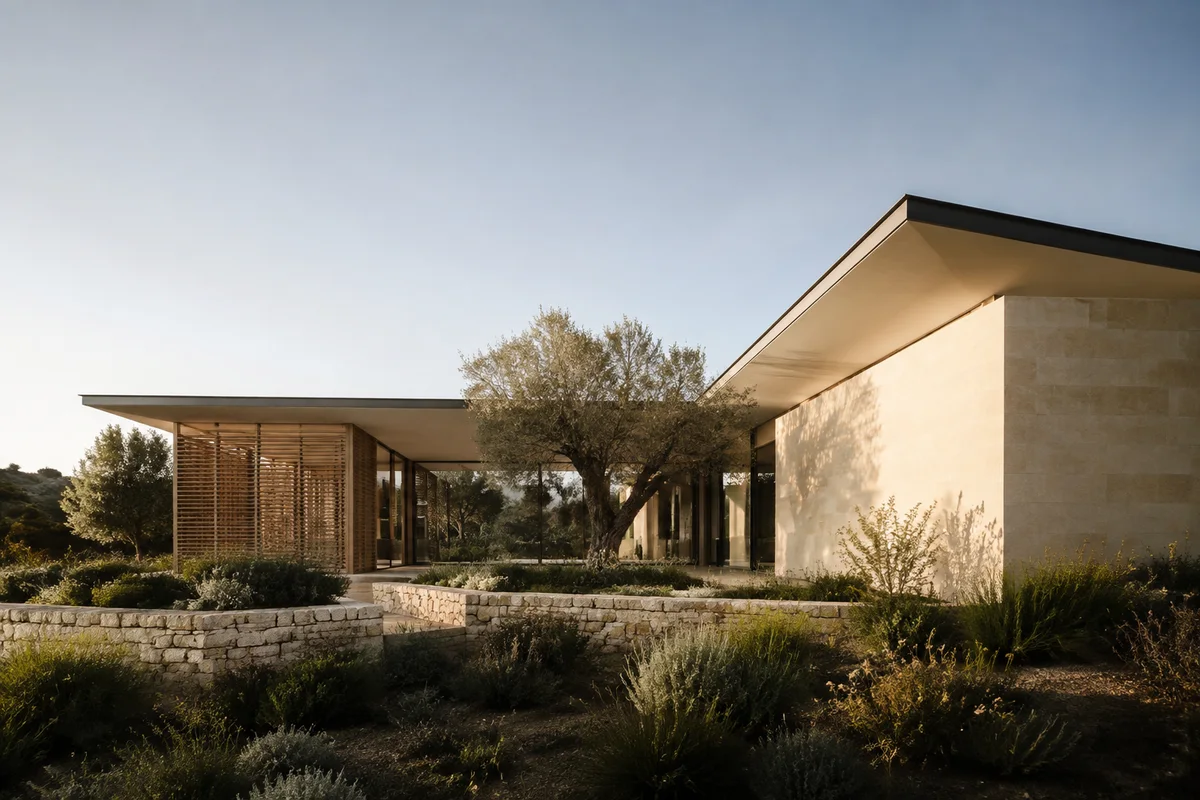 Sunlight across limestone walls, a quiet courtyard and sculptural planting